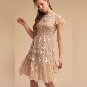 BHLDN FLUTTER SLEEVE NUDE MESH DRESS